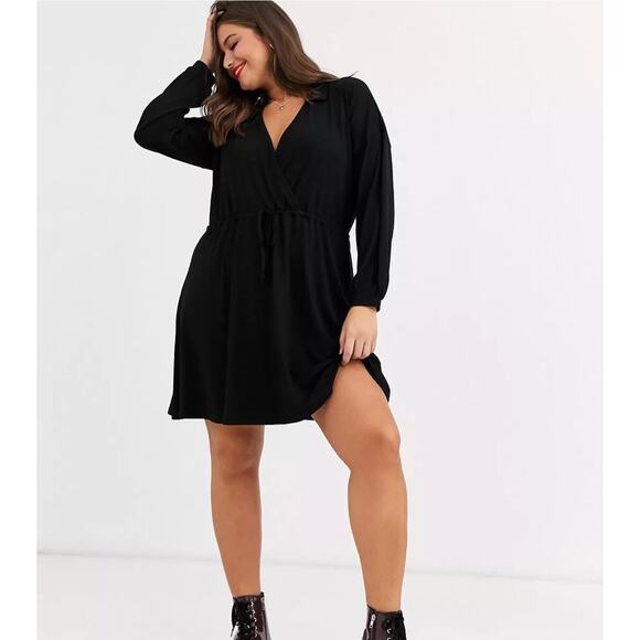 NWT ASOS DESIGN Curve long sleeve mini wrap sexy dress in black size 14 - Picture 1 of 12